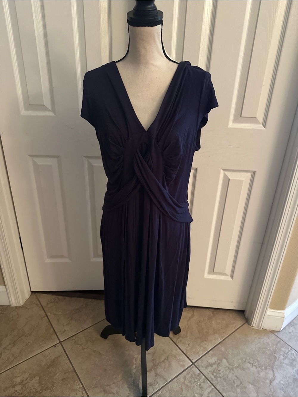 Women’s Deep Navy Twist Front V-Neck Dress with Back Zipper